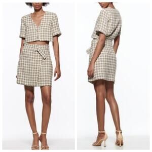 ZARA Tweed Plaid Cutout Dress w/ Ball Knot Buttons V-Neckline